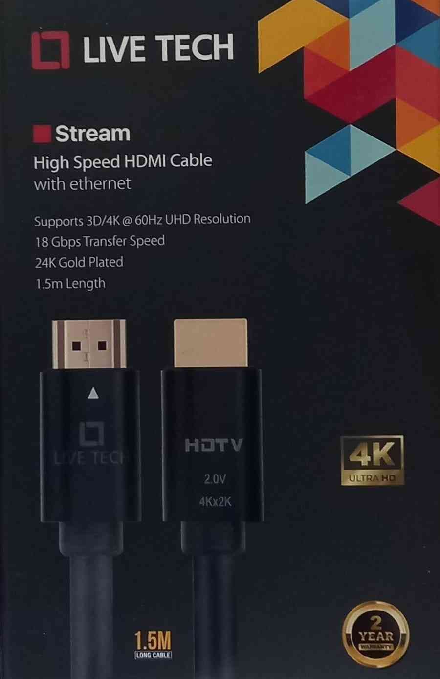 Cable Live Tech Stream HDMI to HDMI with Ethernet 4K 2.0V 1.5mtr | High Speed HDMI Cable with Ethernet - Supports 3D, 4K, 1.5 Meter (Black, PVC)