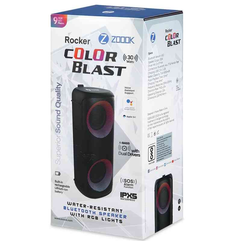 Speaker Zoook Color Blast | Bluetooth Party Speaker 30 watts with RGB Lights / IPX Rated water proof / 4000mAh Battery / 57mm x 2 Driver / SOS Alarm / Siri & Google Voice Assist, Outdoor Party, handsfree calling (Black)