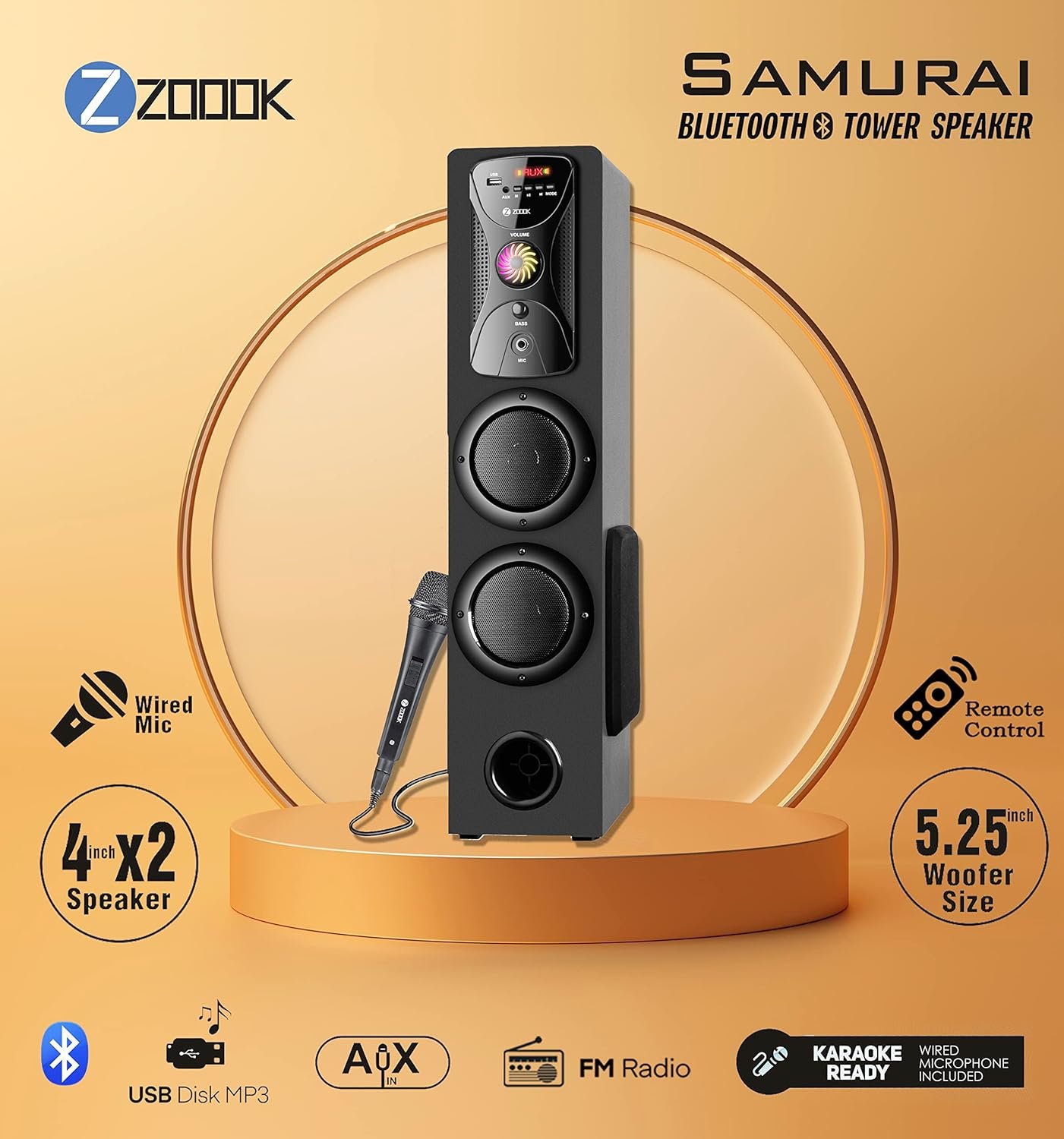 Speaker Zoook ZK-TS-SAMURAI | 60W Bluetooth Tower Speaker with USB, AUX in, FM, Bluetooth with Remote Control - Home Theatre Party Speaker