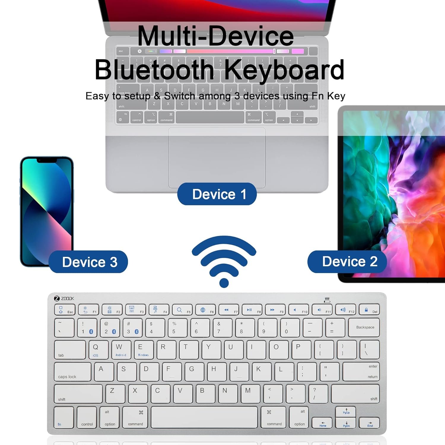 Keyboard Zoook ZK-MAGICPAD | Multi Device Premium Portable Bluetooth keyboard for Everything, Compatible with Mac Phone, Wireless, Slim design, Long Battery Life | White