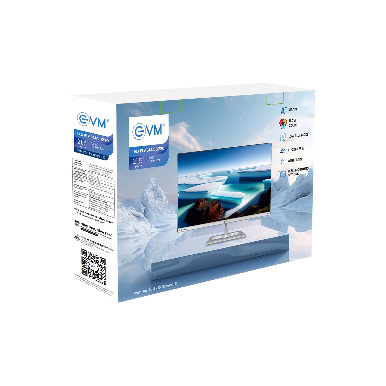 Monitor EVM S220 PLASMA LED | 21.5 Inch Flat LED Frameless FHD Monitor, 100Hz Perfect Motion Rate, Digital Crystal, 16.7M Display Colors, Low Blue Mode, Anti Glare, Flicker Free, Bazelless, Wall Mountable, White