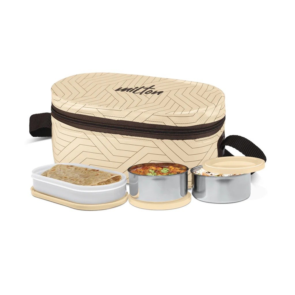 Lunch Box MILTON Executive Lunch, 2 Inner Steel Round Containers 280ml Each & 1 Microwave Safe Oval Plastic Container, 450ml with Insulated Bag, Office Tiffin, Leakproof, Odour Proof, Light Weight, Easy to Carry, Multicolor