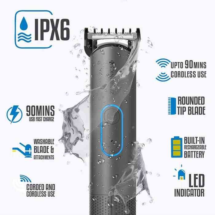 Hair Trimmer Zebronics ZEB-HT103 | Round Tip Self - Sharpening Stainless Steel Blades for Skin friendly Experience, Cordless & corded use with precise Trimming range of 1mm to 12mm, Charging cable, Blue + Grey