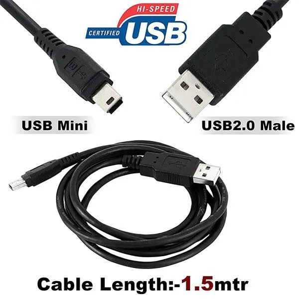 Cable USB 2.0 Type A to Mini 5 Pin Type B 1.5mtr | Cable For External HDD/ Camera/ Card Readers, Black