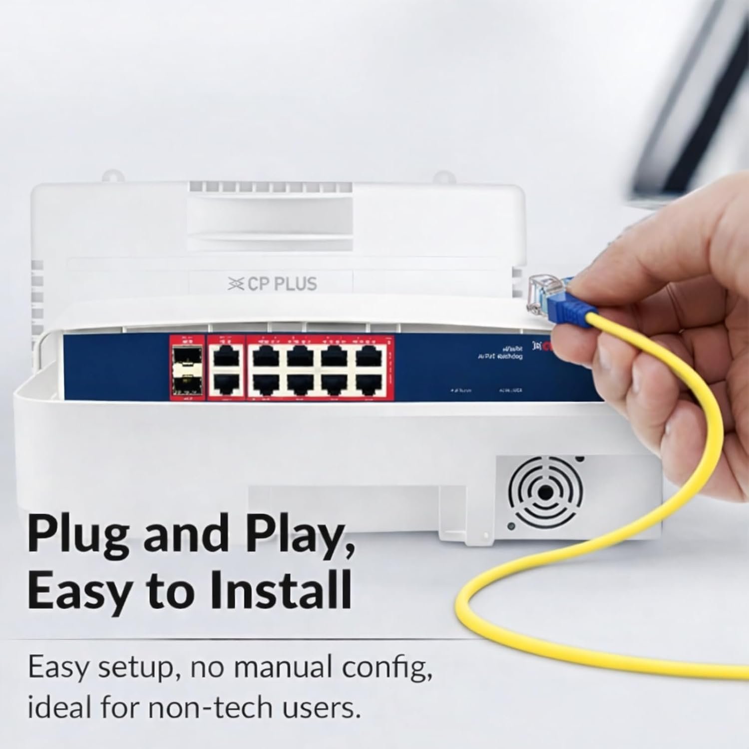 Switch CP Plus CP-ANW-GPU8G2F2D-N12 | 8 Gigabit PoE Port + 2 Gigabit Uplink Port + 2 SFP Port Outdoor AI PoE Switch, Water Resistant, AI Watchdog Function, White
