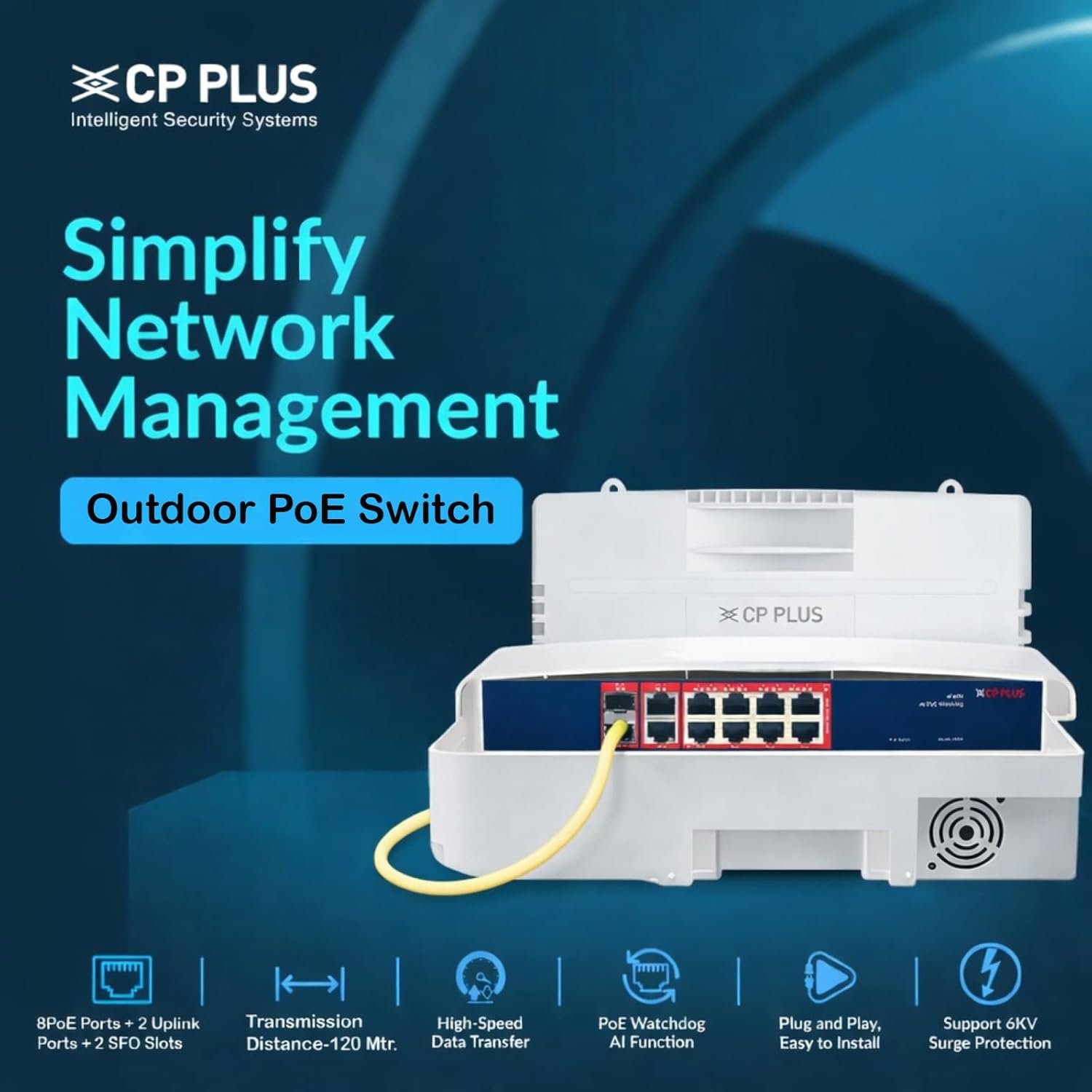 Switch CP Plus CP-ANW-GPU8G2F2D-N12 | 8 Gigabit PoE Port + 2 Gigabit Uplink Port + 2 SFP Port Outdoor AI PoE Switch, Water Resistant, AI Watchdog Function, White