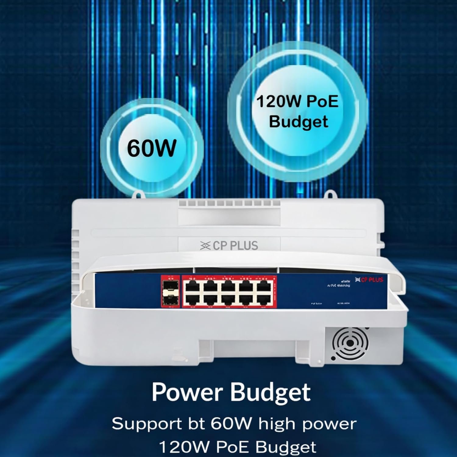 Switch CP Plus CP-ANW-GPU8G2F2D-N12 | 8 Gigabit PoE Port + 2 Gigabit Uplink Port + 2 SFP Port Outdoor AI PoE Switch, Water Resistant, AI Watchdog Function, White
