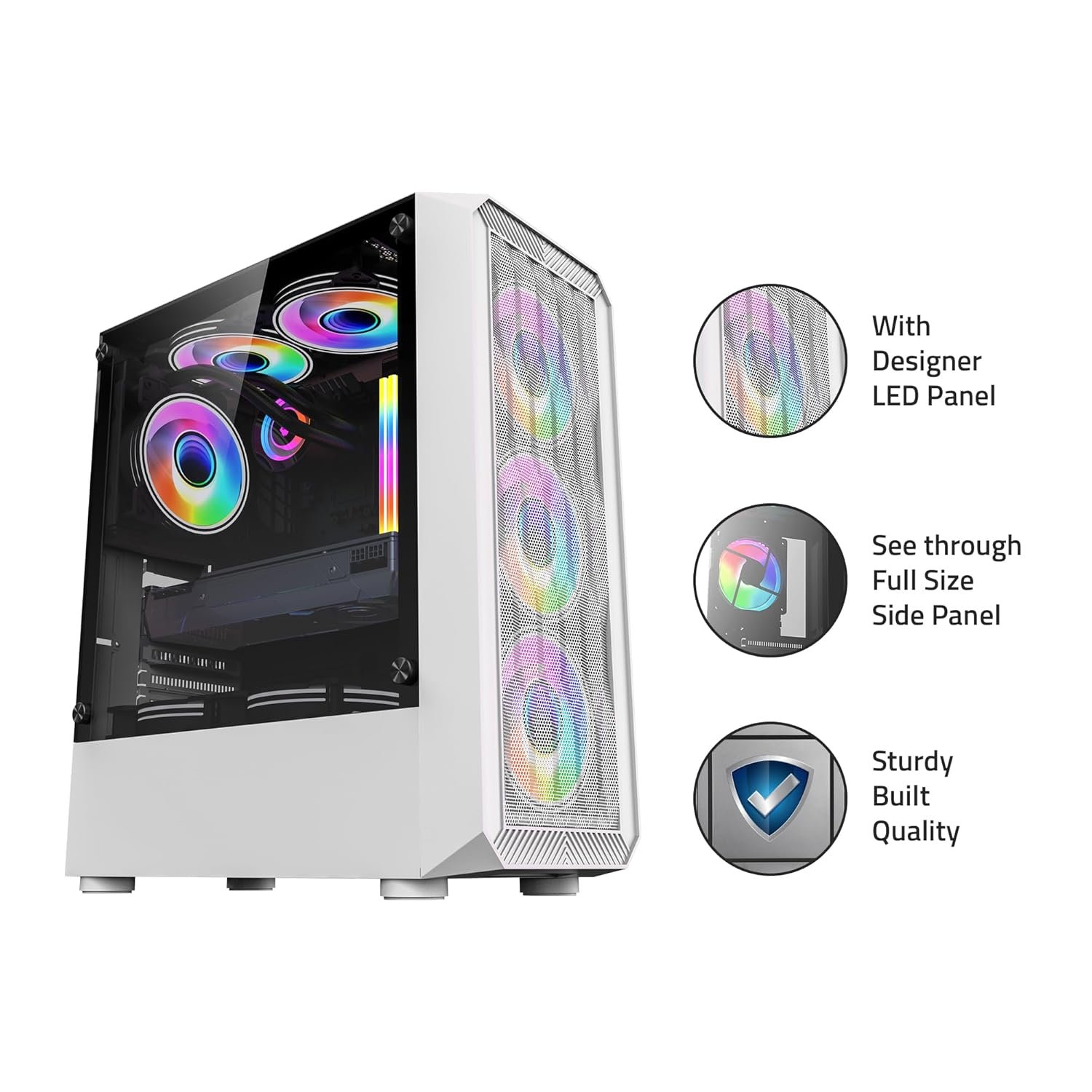 Cabinet Artis Gaming G8322W Without SMPS With Fan | Support Full ATX, Micro ATX Motherboard, 3 x RGB Fan with Sturdy built Quality, White