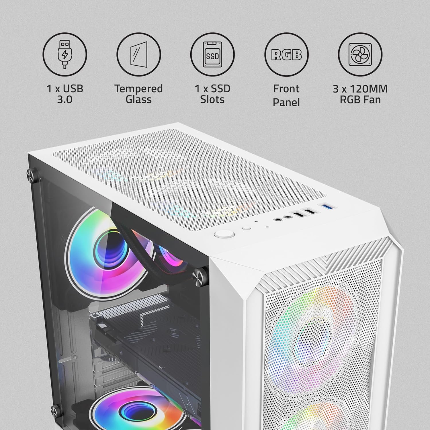 Cabinet Artis Gaming G8322W Without SMPS With Fan | Support Full ATX, Micro ATX Motherboard, 3 x RGB Fan with Sturdy built Quality, White
