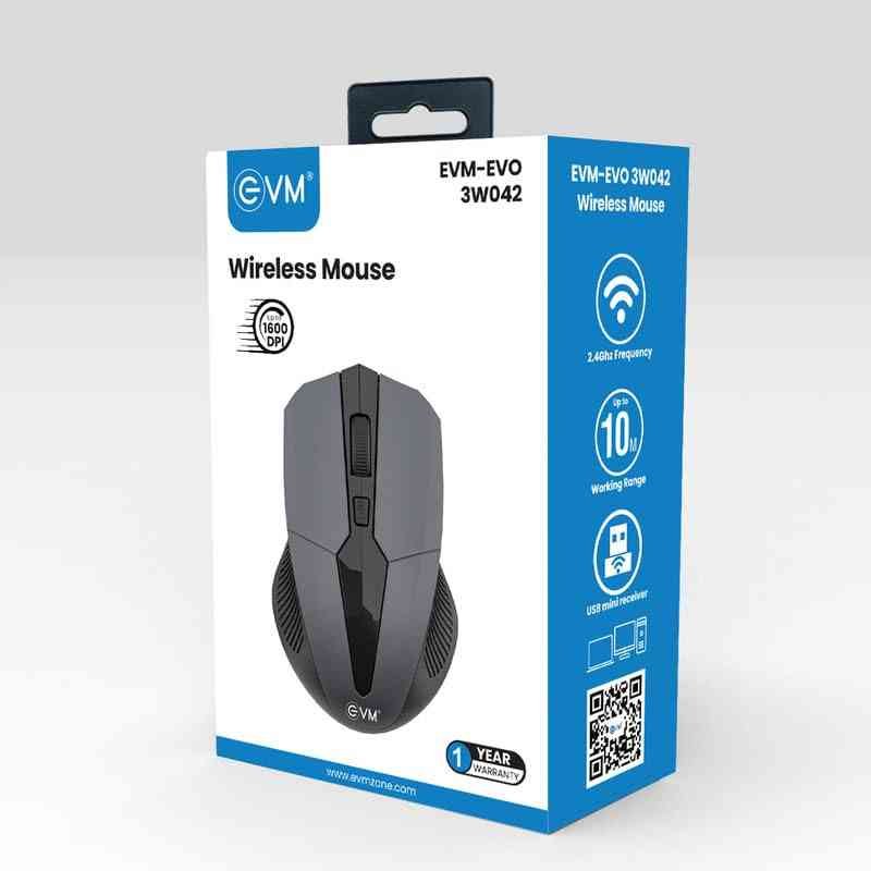 Mouse EVM Wireless EVO - 3W042 | 2.4GHz Optical Mouse with 4D Scroll, USB Receiver, 1600 DPI Resolution, 10m Working Range, Plug & Play, Grey