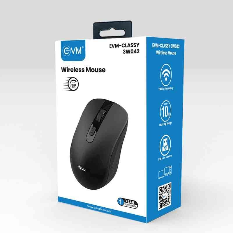 Mouse EVM Wireless CLASSY 3W042 | 2.4GHz Optical Mouse with 4D Scroll, USB Receiver, 1600 DPI Resolution, 10m Working Range, Plug & Play, Black