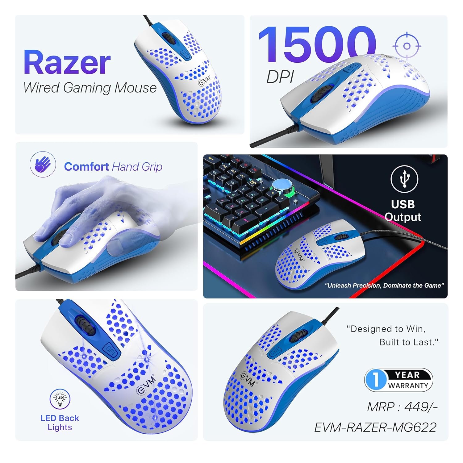 Mouse EVM Wired Gaming Razer MG-622 | USB Mouse With LED BackLight, Up to 1500 DPI, Unique Design