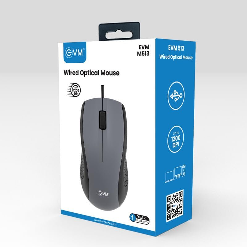 Mouse EVM M513 Wired Optical | 1200 DPI Precision, Ergonomic Design, USB | 1.1m Cable, Smooth Cursor Control | for Laptop & Desktop | 1 Year Warranty (EVM-M513-Grey)