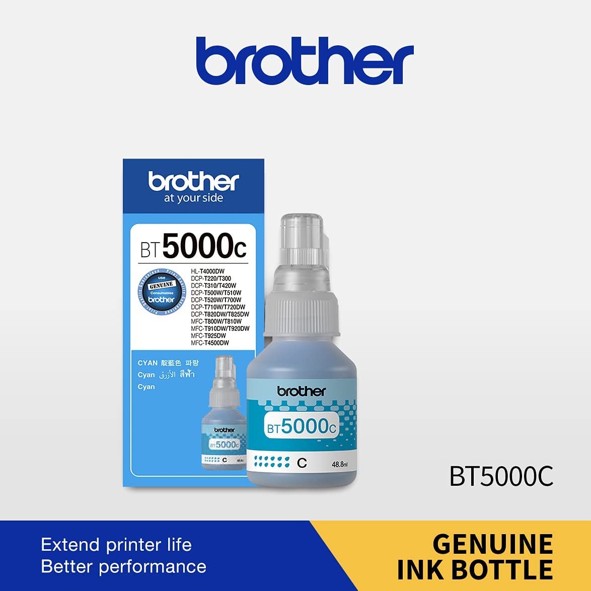 Ink Bottle Brother BT5000C (Cyan) | Compatible to Brother Printers DCP-T220, DCP-T226, DCP-T420W, DCP-T426W, DCP-T520W, DCP-T525W, DCP-T820DW, MFC-T920DW, DCP-T310, DCP-T510W,DCP-T710W,MFC-T910DW, HL-T4000DW, MFC-T4500DW