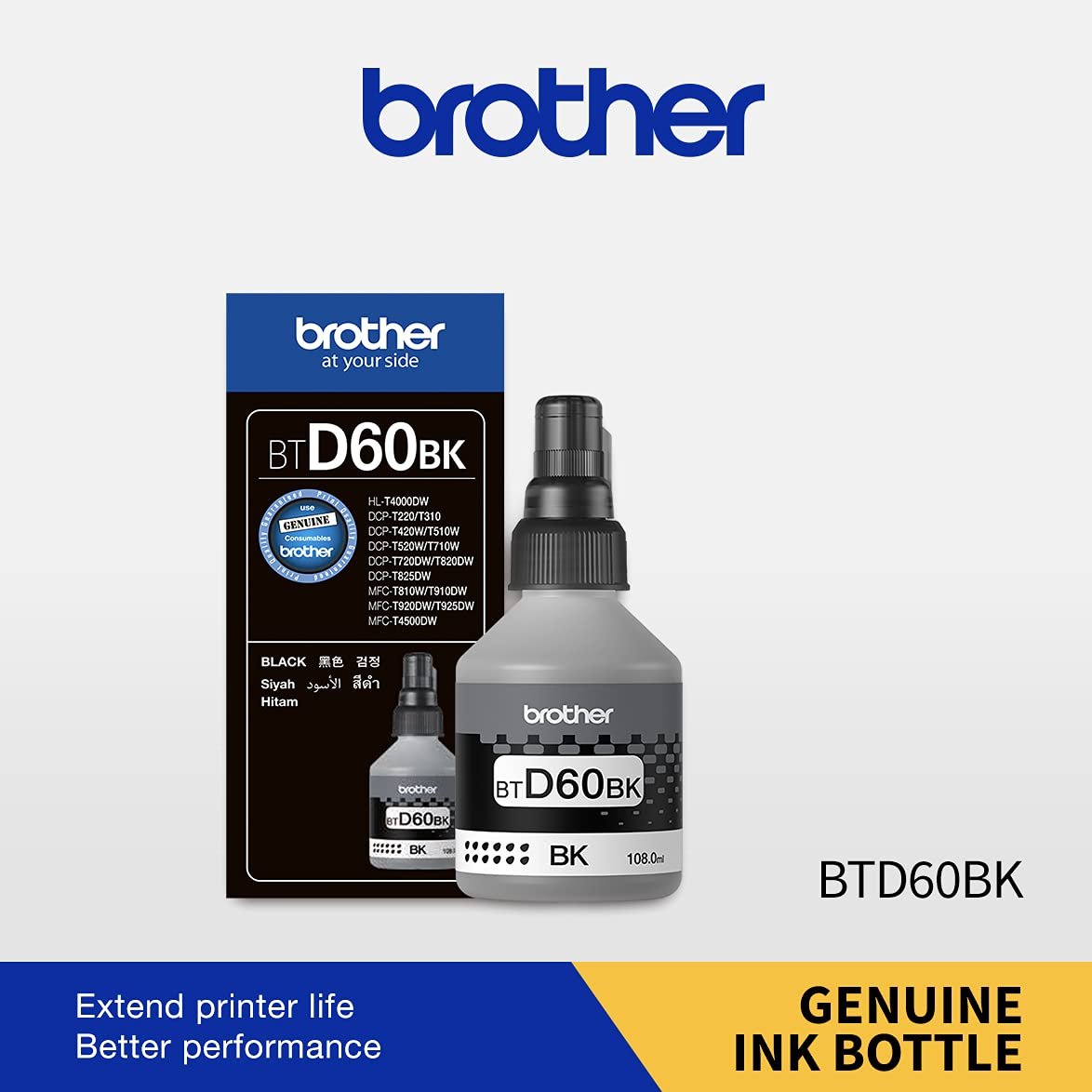Ink Bottle Brother BTD60BK (Black) | Compatible With Brother Printers DCP-T220, DCP-T226, DCP-T420W, DCP-T426W, DCP-T520W, DCP-T525W, DCP-T820DW, MFC-T920DW, DCP-T310, DCP-T510W,DCP-T710W,MFC-T910DW, HL-T4000DW, MFC-T4500DW