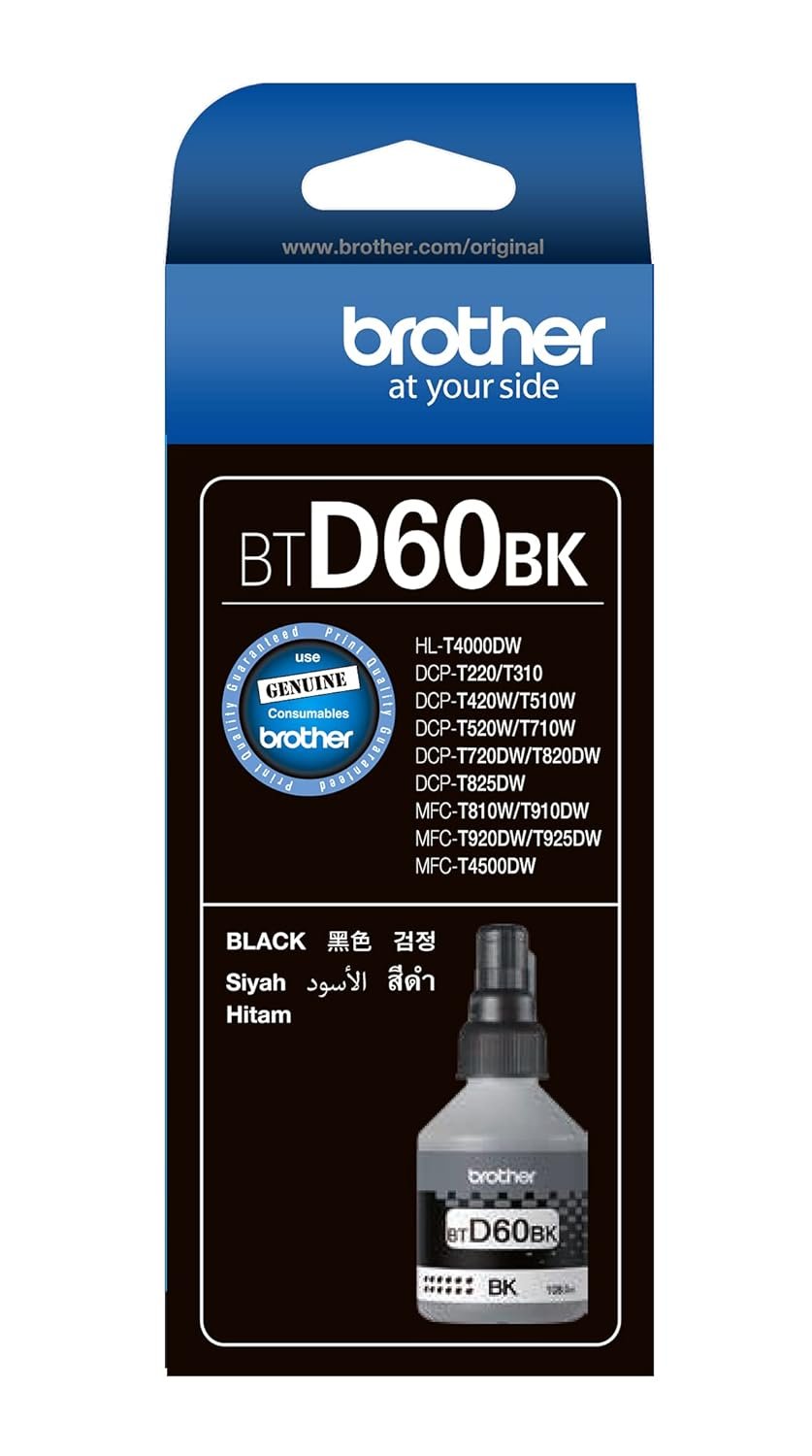Ink Bottle Brother BTD60BK (Black) | Compatible With Brother Printers DCP-T220, DCP-T226, DCP-T420W, DCP-T426W, DCP-T520W, DCP-T525W, DCP-T820DW, MFC-T920DW, DCP-T310, DCP-T510W,DCP-T710W,MFC-T910DW, HL-T4000DW, MFC-T4500DW