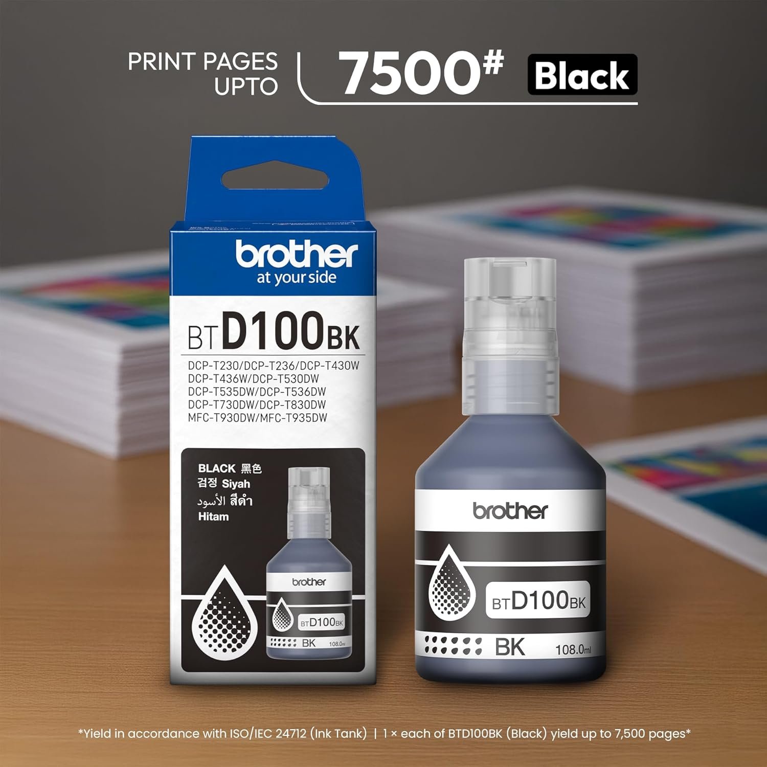 Ink Bottle Brother Genuine BTD100BK (Black) | 7500 Pages High Yield, Compatible For Brother Printers DCP-T230 / DCP-T236 / DCP-T430W / DCP-T436W / DCP-T530DW / DCP-T535DW / DCP-T536DW / DCP-T730DW / DCP-T830DW / MFC-T930DW/ MFC-T935DW