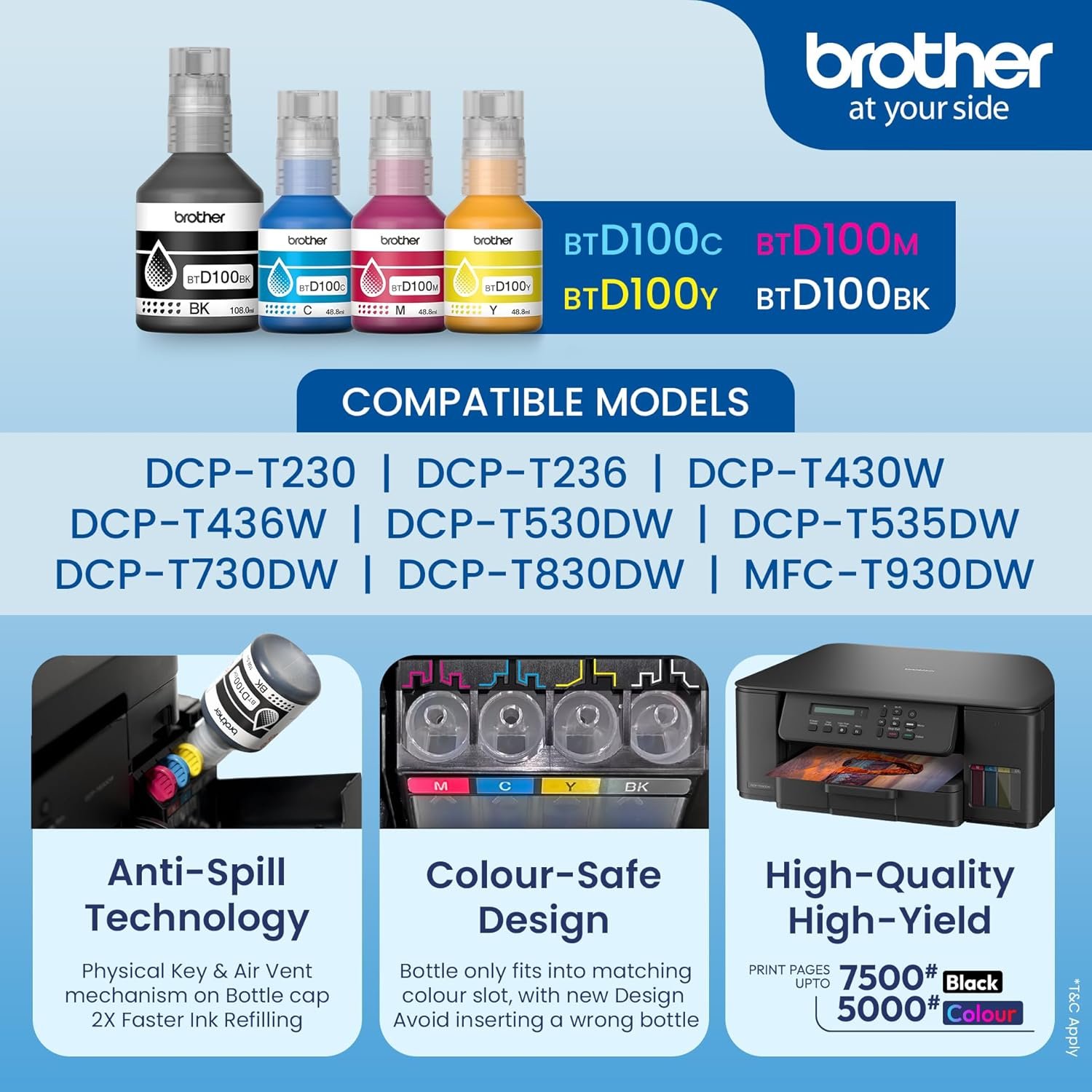 Ink Bottle Brother Genuine BTD100Y (Yellow) | 5000 Page High Yield, Compatible For Brother Printers DCP-T230 / DCP-T236 / DCP-T430W / DCP-T436W / DCP-T530DW / DCP-T535DW / DCP-T536DW / DCP-T730DW / DCP-T830DW / MFC-T930DW/ MFC-T935DW