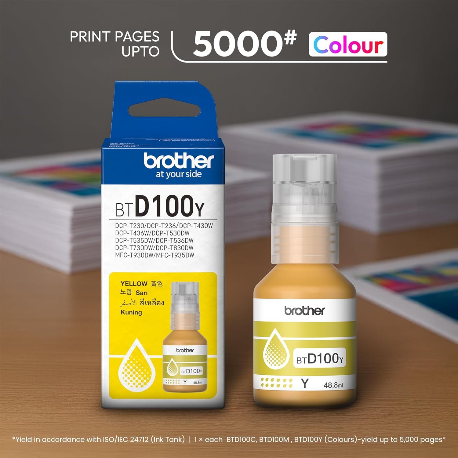Ink Bottle Brother Genuine BTD100Y (Yellow) | 5000 Page High Yield, Compatible For Brother Printers DCP-T230 / DCP-T236 / DCP-T430W / DCP-T436W / DCP-T530DW / DCP-T535DW / DCP-T536DW / DCP-T730DW / DCP-T830DW / MFC-T930DW/ MFC-T935DW