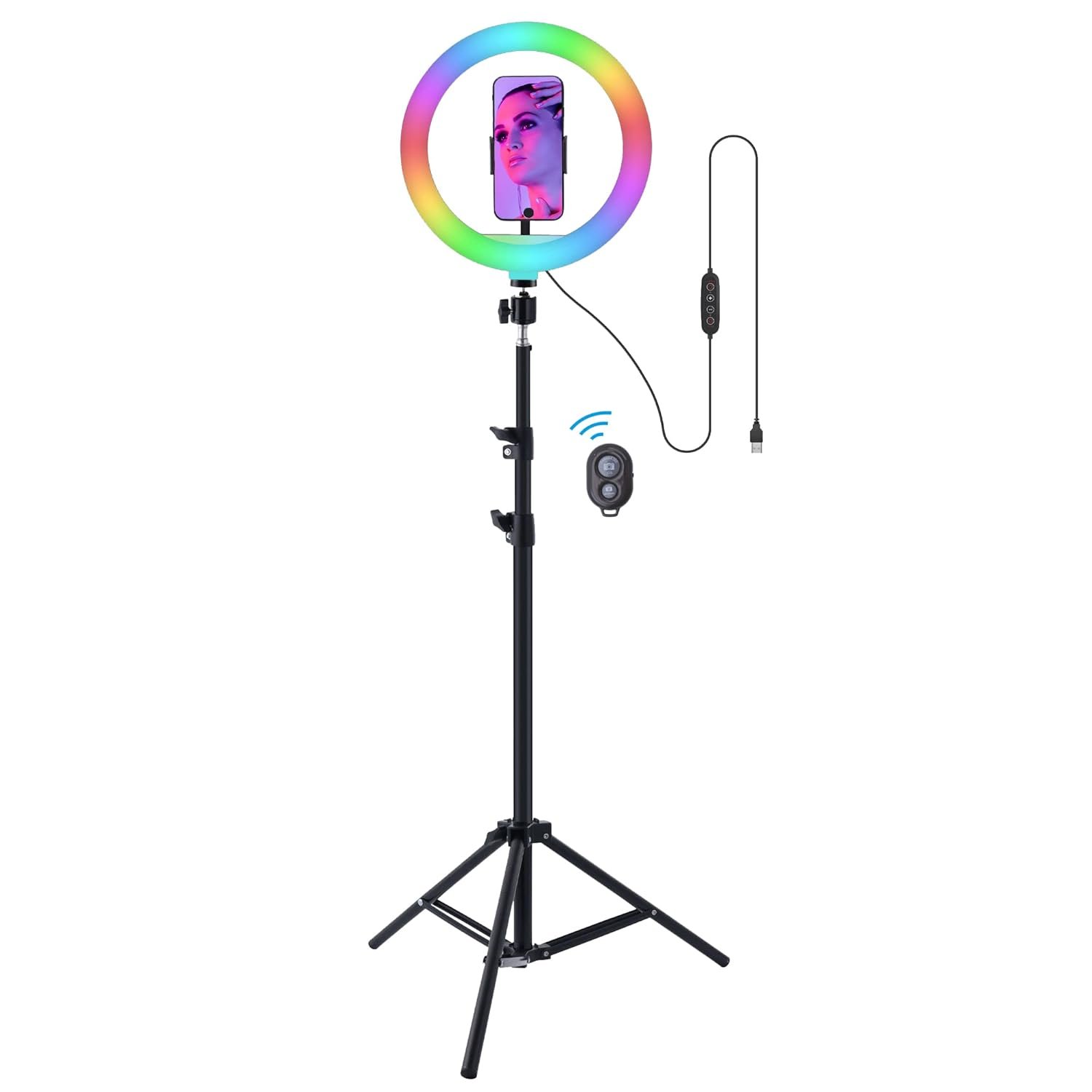 Ring Light Zebronics ZEB-RL10 | 10" (254mm) Selfie Ring Light with 6 feet Extendable Tripod, 26 RGB LED Modes, BT Shutter Trigger, Phone Holder, Cool/Medium/Warm Modes, USB Powered and in-line Controller