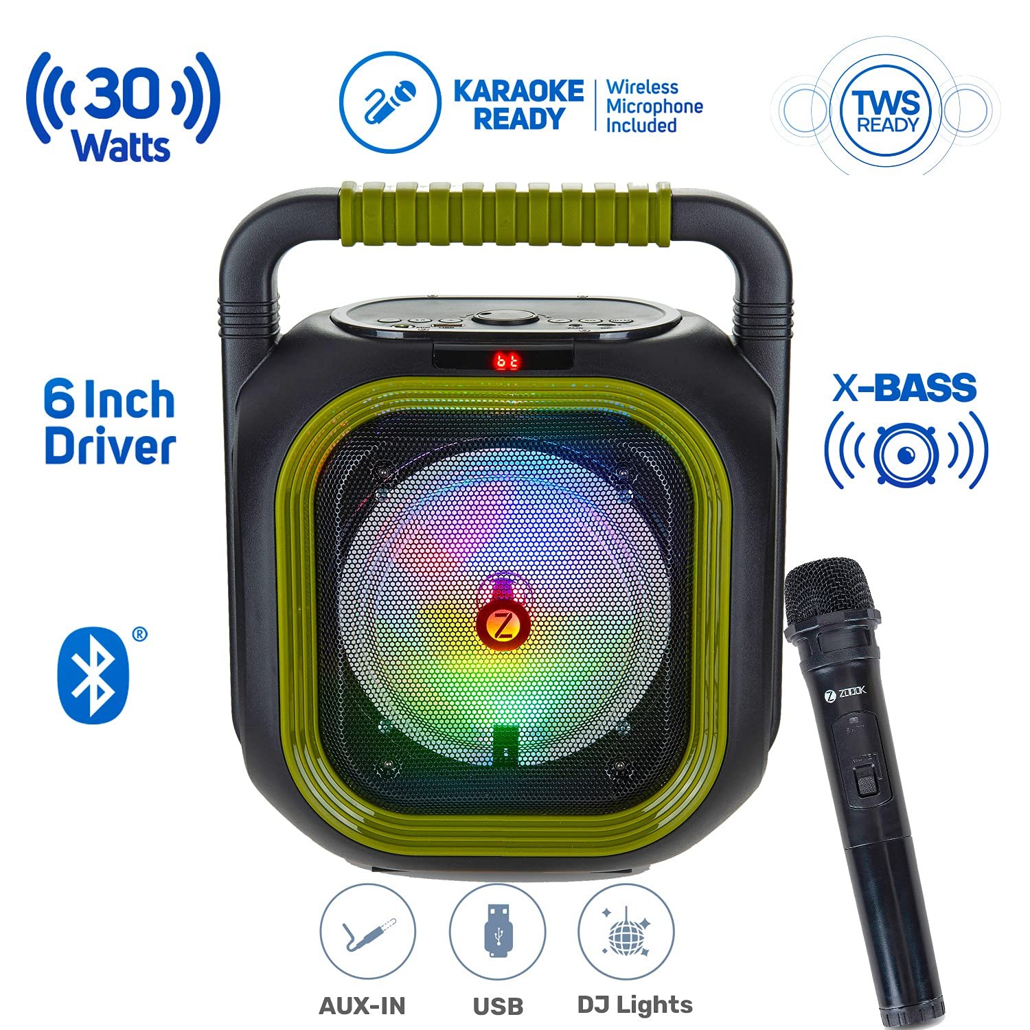 Speaker Zoook Rocker Thunder Bolt | 30 Watts Karaoke Bluetooth Party Speaker with Wireless Karaoke Mic / TF / USB / AUX LED Lights, Green
