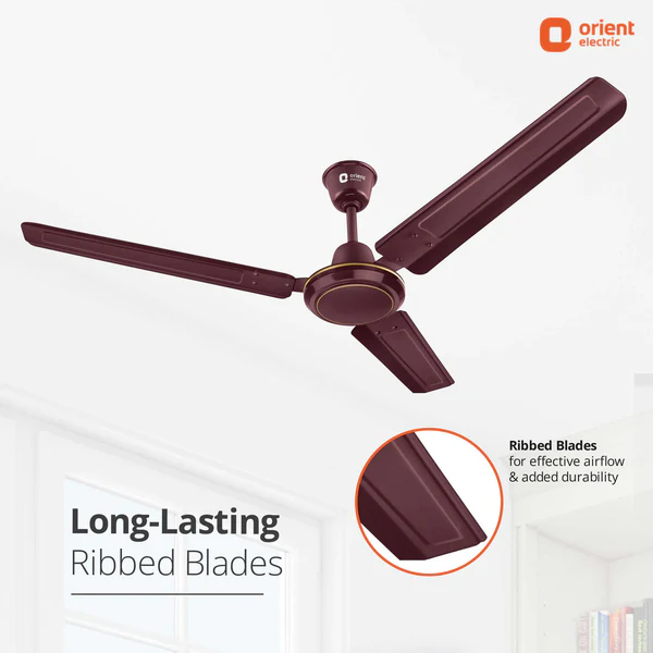 Ceiling Fan Orient 1200mm Rapid Air 1 Star | High Speed 3 Blade Ceiling Fan With 400 RPM Motor & 214 CMM Air Delivery, 100% Copper Motor, Double Ball Bearing For Longer Life, Durable Ribbed Blades For Strength, Brown