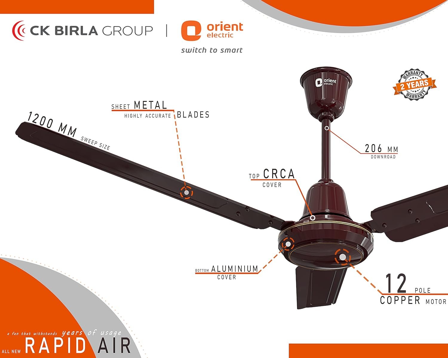 Ceiling Fan Orient 1200mm Rapid Air 1 Star | High Speed 3 Blade Ceiling Fan With 400 RPM Motor & 214 CMM Air Delivery, 100% Copper Motor, Double Ball Bearing For Longer Life, Durable Ribbed Blades For Strength, Brown