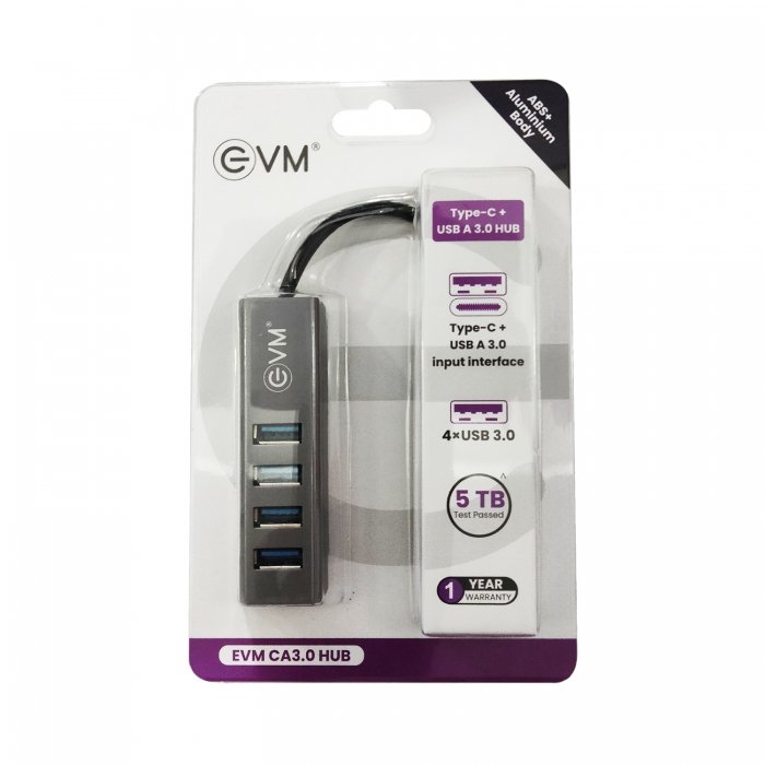 Hub EVM CA3.0 HUB | Type-C + USB A 3.0, 4 x USB 3.0 slot, Dual Interface, Connect 4 devices, Support Windows XP / Vista / 7 / 8 / 8.1 / Mac 9.1 & above, Grey