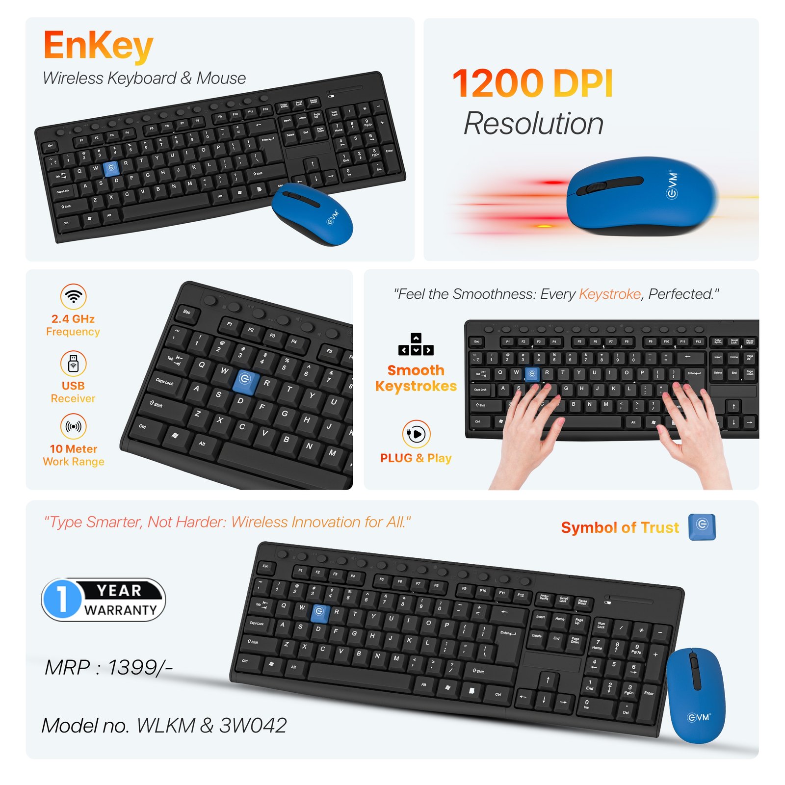 Keyboard & Mouse Combo EVM Wireless Enkey WLKM & 3W042 | 104 Function Keys, 2.4Ghz Wireless Keyboard & 3D Wireless Mouse, USB, Plug & Play, Black + Blue