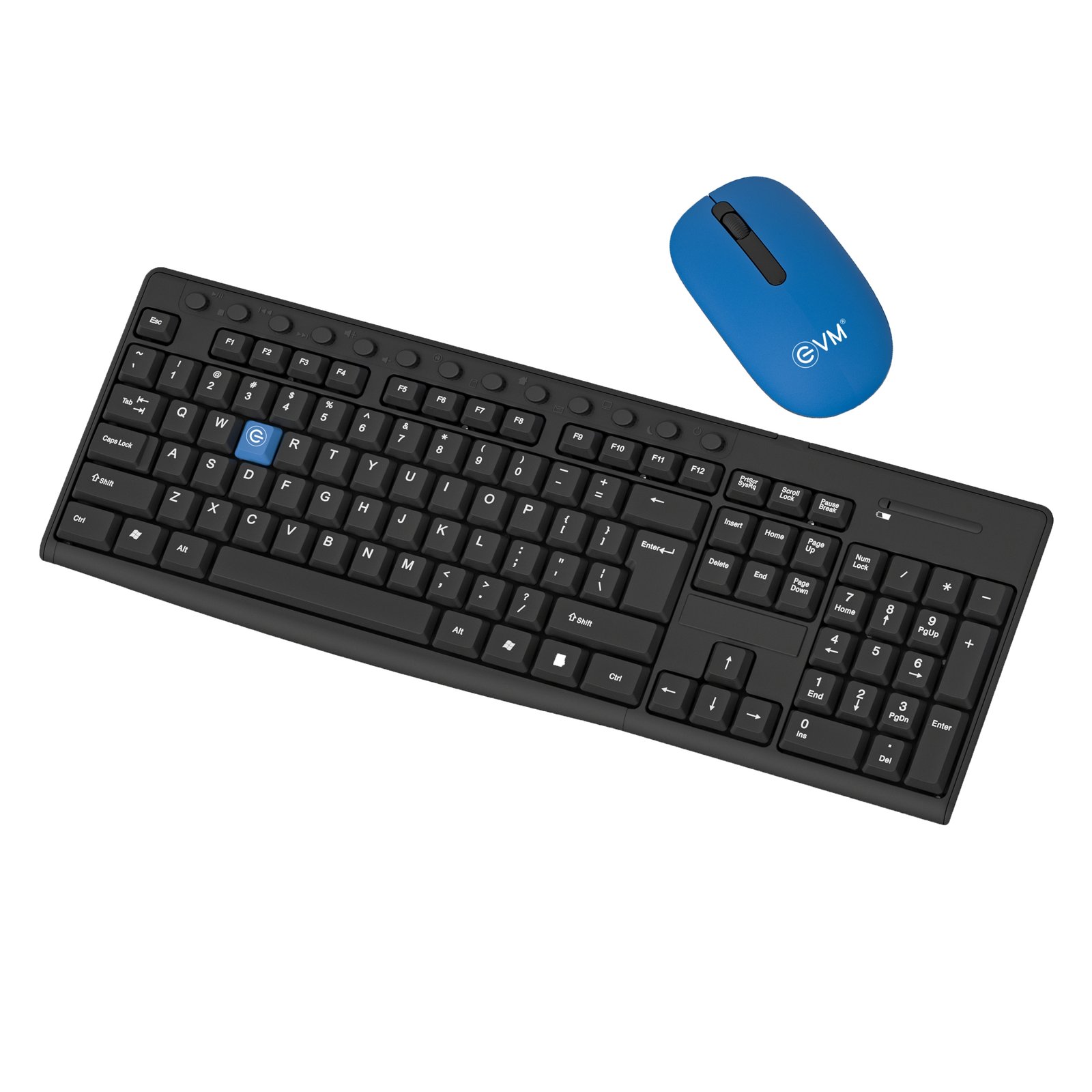 Keyboard & Mouse Combo EVM Wireless Enkey WLKM & 3W042 | 104 Function Keys, 2.4Ghz Wireless Keyboard & 3D Wireless Mouse, USB, Plug & Play, Black + Blue