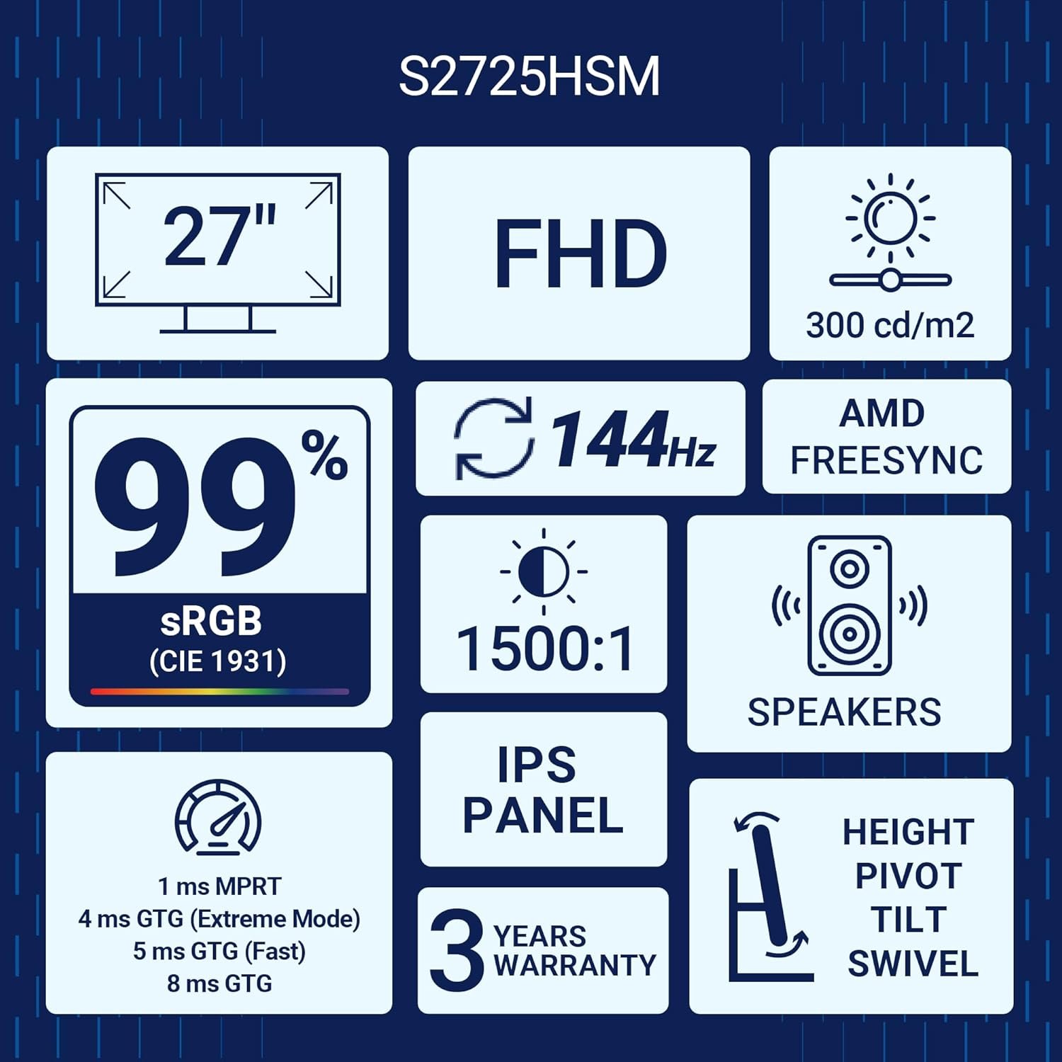 Monitor Dell S2725HSM | 27"/68.58cm FHD, 144Hz Refresh Rate, IPS Panel, 1ms Response, Flicker-free, 2xHDMI, Built-in 6W Dual Speakers, 4-Star Eye Comfort | White