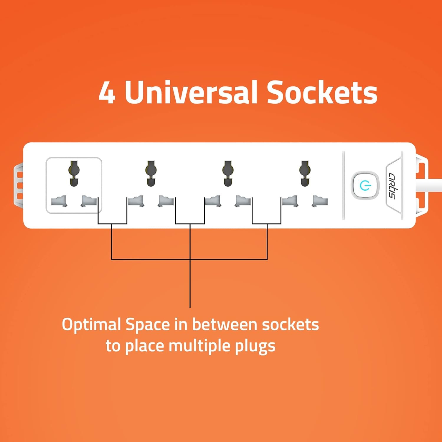 Spike Guard Artis AR-4SS | 4 Universal Sockets Surge Protector With Single Switch,10000 Amps, 2500W, 330mm x 75 mm x 70mm, 2M Heavy Duty Cables Features a 175 Joule Energy Rating to Provide Surge Protection for Computers, Peripherals, White