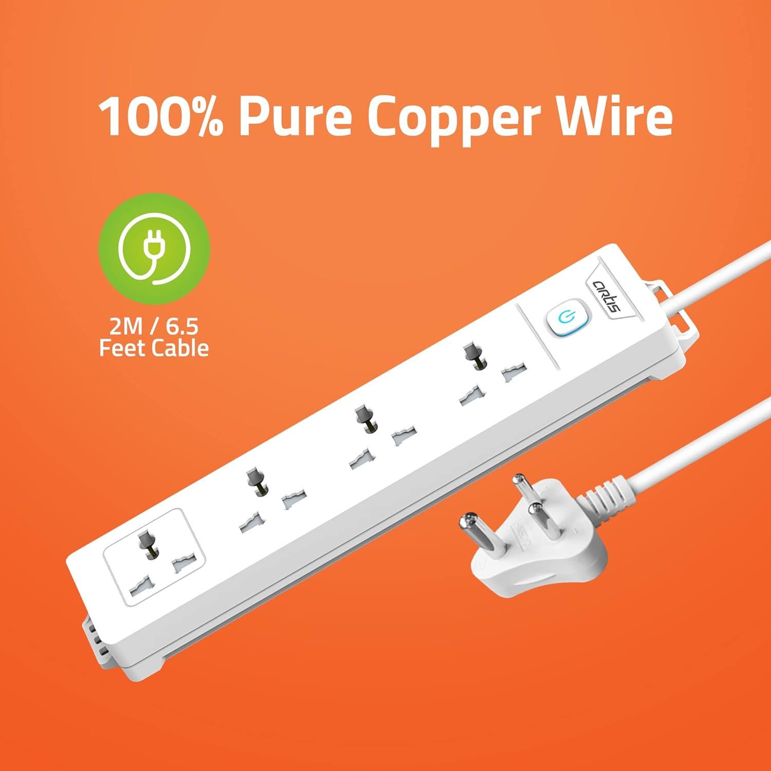 Spike Guard Artis AR-4SS | 4 Universal Sockets Surge Protector With Single Switch,10000 Amps, 2500W, 330mm x 75 mm x 70mm, 2M Heavy Duty Cables Features a 175 Joule Energy Rating to Provide Surge Protection for Computers, Peripherals, White