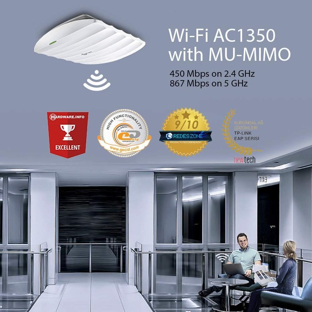 Net TP-Link Omada AC1350 Wireless MU-MIMO Gigabit Ceiling Mount Access Point EAP225 | Support PoE 802.3af/at, Dual_Band, 2.4GHz 5G, Seamless Roaming, Centralized Management, Long Range Coverage, Easily Mount to Wall or Ceiling, PoE Adapter Included, White