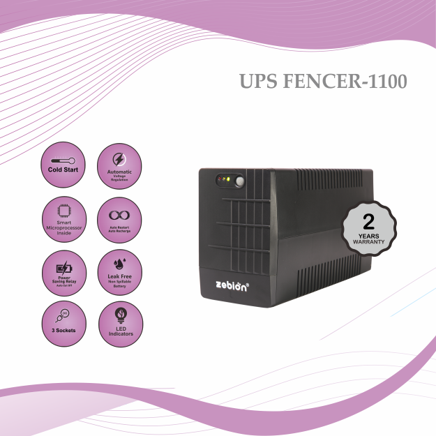 Ups Zebion 1Kva Fencer 1100 | 1000VA, Generator Compatiable, Sleep Mode Charging, 3 Sockets, Built-in AVR, Overload Reset Button, 1mtr Cable, LED Indicator, 7.2AH x 2 Batteries, Black