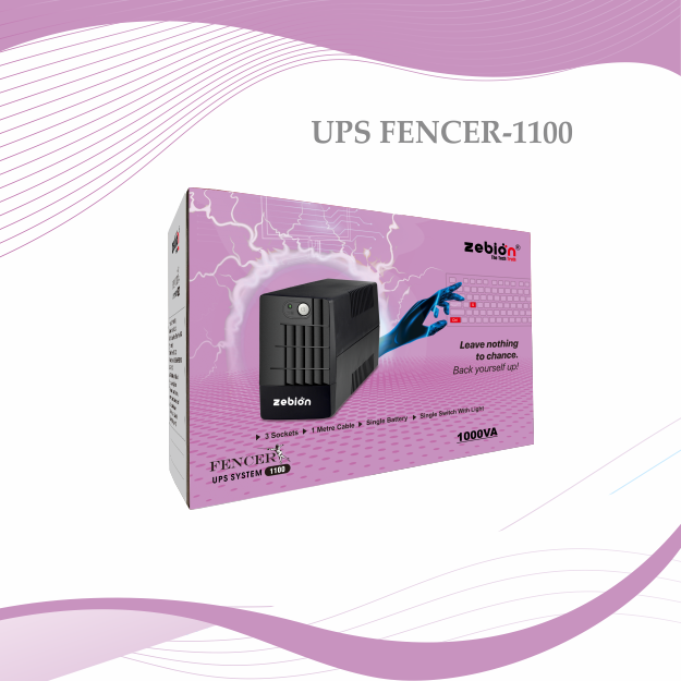 Ups Zebion 1Kva Fencer 1100 | 1000VA, Generator Compatiable, Sleep Mode Charging, 3 Sockets, Built-in AVR, Overload Reset Button, 1mtr Cable, LED Indicator, 7.2AH x 2 Batteries, Black