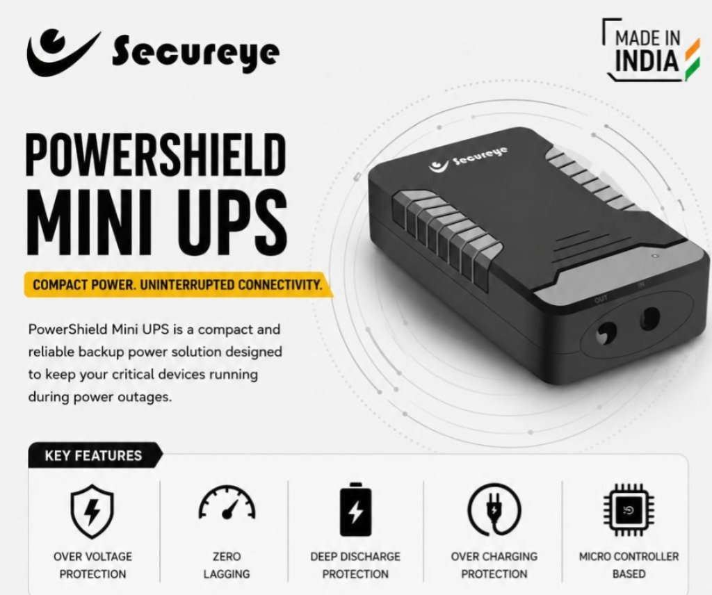 UPS Secureye SCP-POWERSHIELD | Mini UPS For Router, ONT/ONU Modem, 8-10 Hour Backup For Wi-Fi Router, ONT/ONU Fiber Modem, Output: 12V & 9V DC, Keeps Your Internet Running During Power Cuts, Black