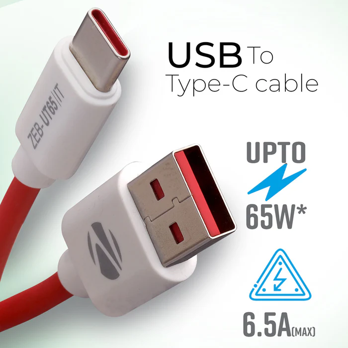 Cable Zebronics ZEB-UT65 1M | USB to Type C charging cable, 65W max, 6.5A, Multi protocol, Rapid charge support, Data transfer, 15000+ bends tested, Red