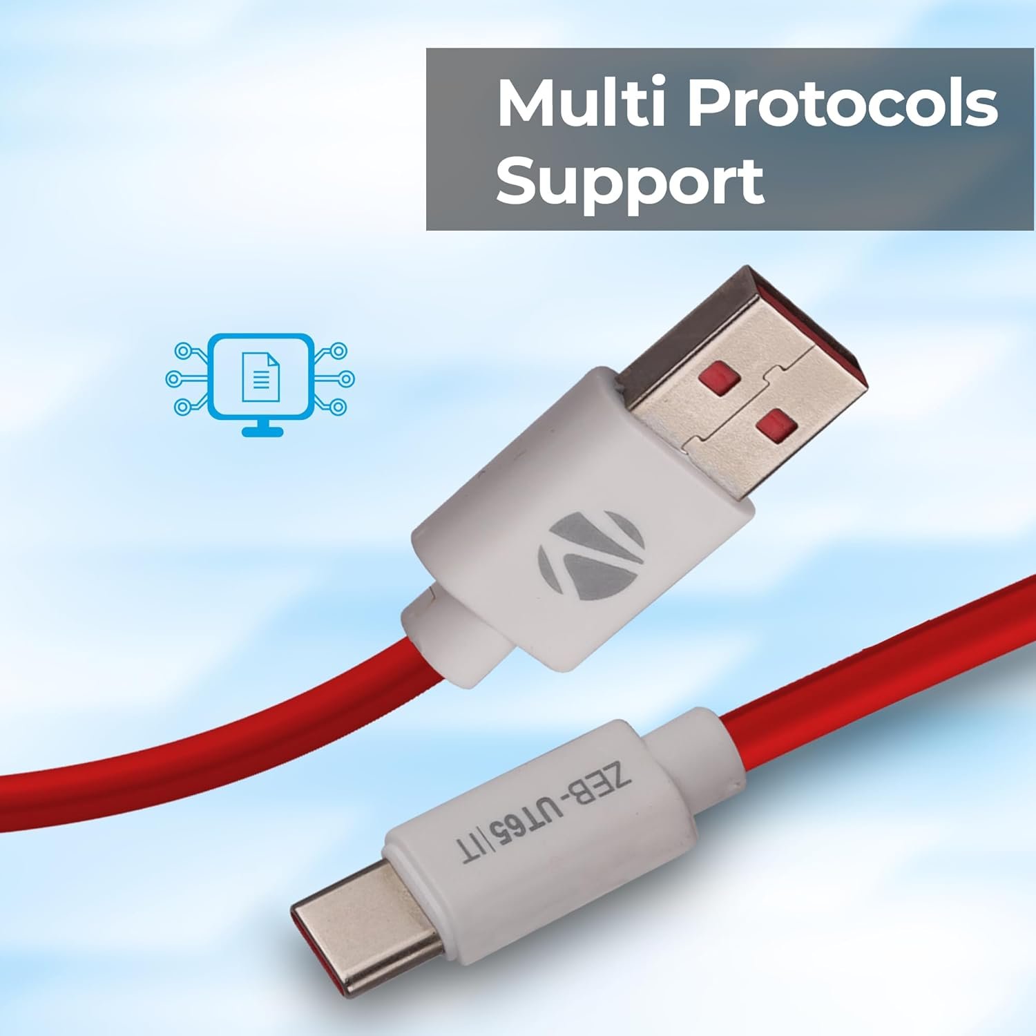 Cable Zebronics ZEB-UT65 1M | USB to Type C charging cable, 65W max, 6.5A, Multi protocol, Rapid charge support, Data transfer, 15000+ bends tested, Red