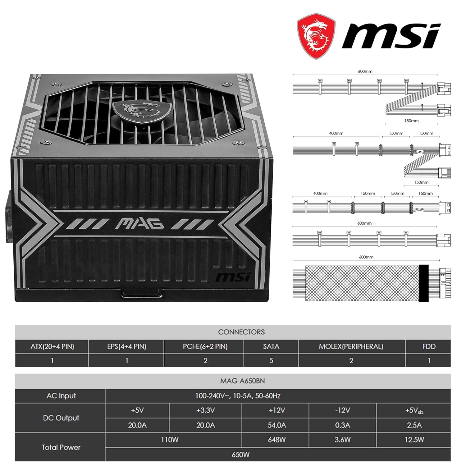 SMPS Power Supply MSI Gaming MAG A650BN | 650W, 80 Plus Bronze Certified, 12V Single Rail, DC to DC Circuit, 120mm Fan, Active PFC Design, Multiple Connectivity, For Gaming PC, Black