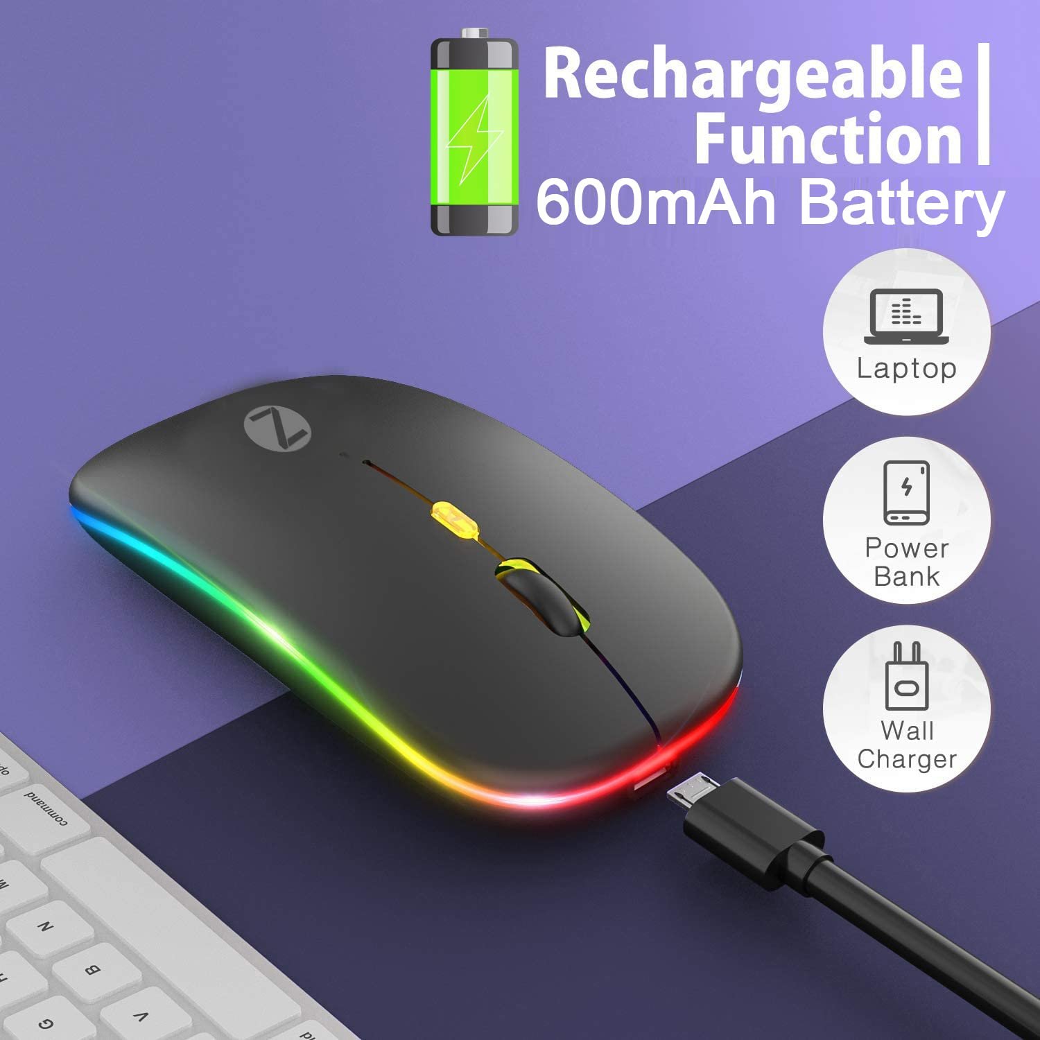 Mouse Zoook Blade Wireless ZK-BLADE-B | Rechargeable 7 Colour mice/ RGB Breathing Lights/ 3 DPI Levels/ Auto Shut Down/ Silent Click Technology/ 600 Mah Battery/ Light Weight/ Plug and Play (Black)