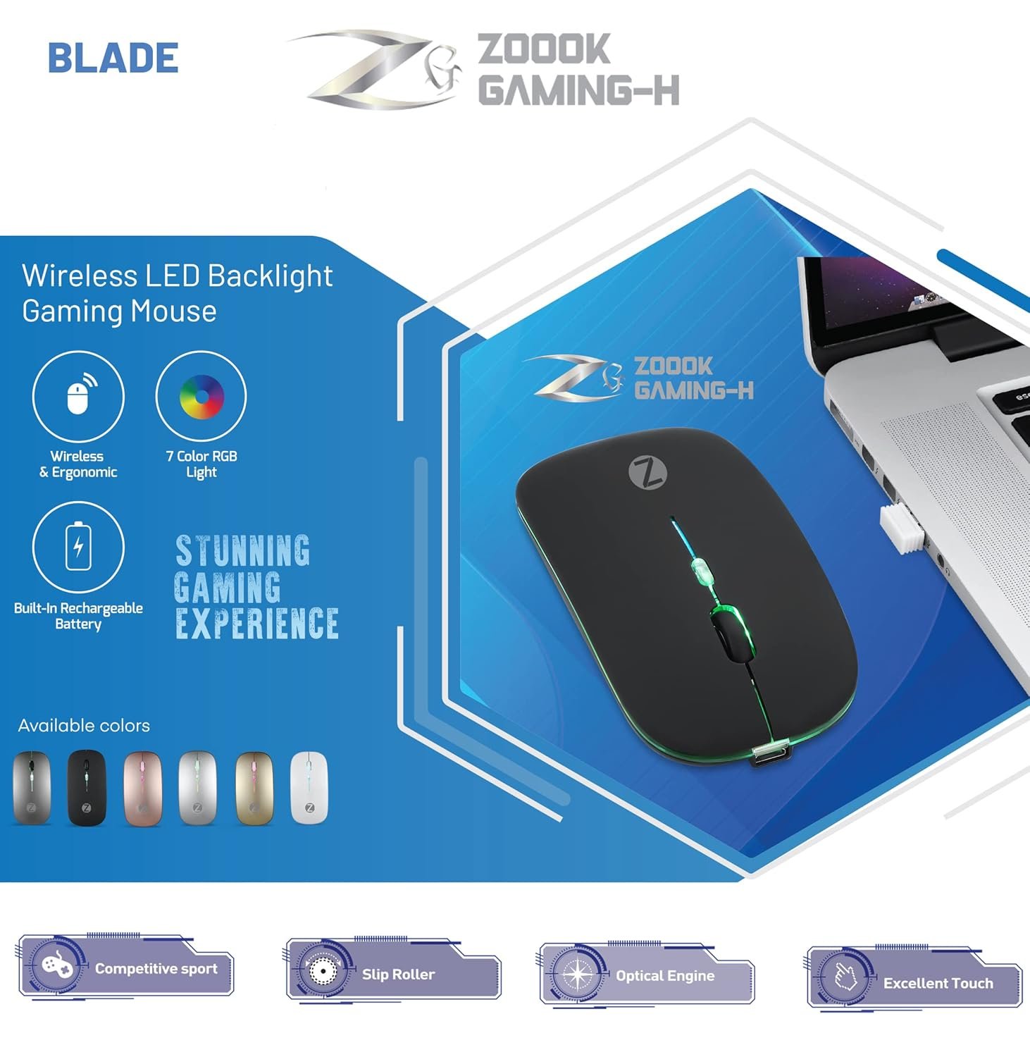 Mouse Zoook Blade Wireless ZK-BLADE-B | Rechargeable 7 Colour mice/ RGB Breathing Lights/ 3 DPI Levels/ Auto Shut Down/ Silent Click Technology/ 600 Mah Battery/ Light Weight/ Plug and Play (Black)
