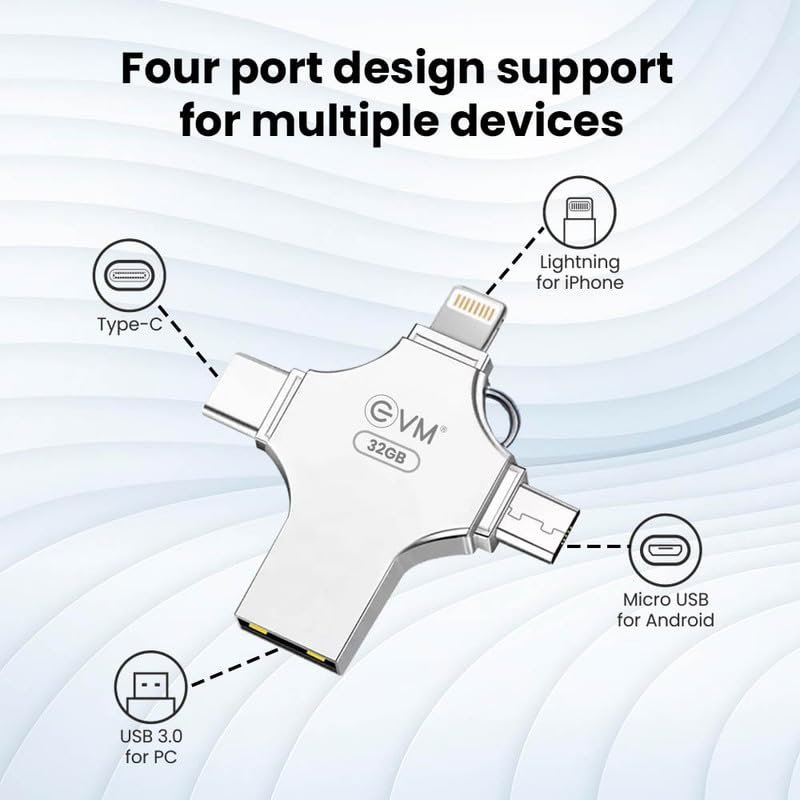 Pendrive EVM 32GB EnStore 4 in 1 OTG USB 3.0 Flashdrive | High-Speed USB 3.0, Read Speed 100Mb/s & Write Speed 25Mb/s, Transfer Files Between USB-A, Compatible with All Smartphones, Silver