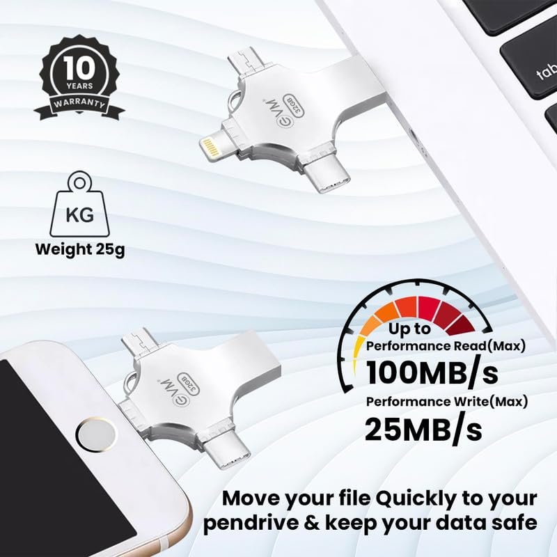 Pendrive EVM 32GB EnStore 4 in 1 OTG USB 3.0 Flashdrive | High-Speed USB 3.0, Read Speed 100Mb/s & Write Speed 25Mb/s, Transfer Files Between USB-A, Compatible with All Smartphones, Silver