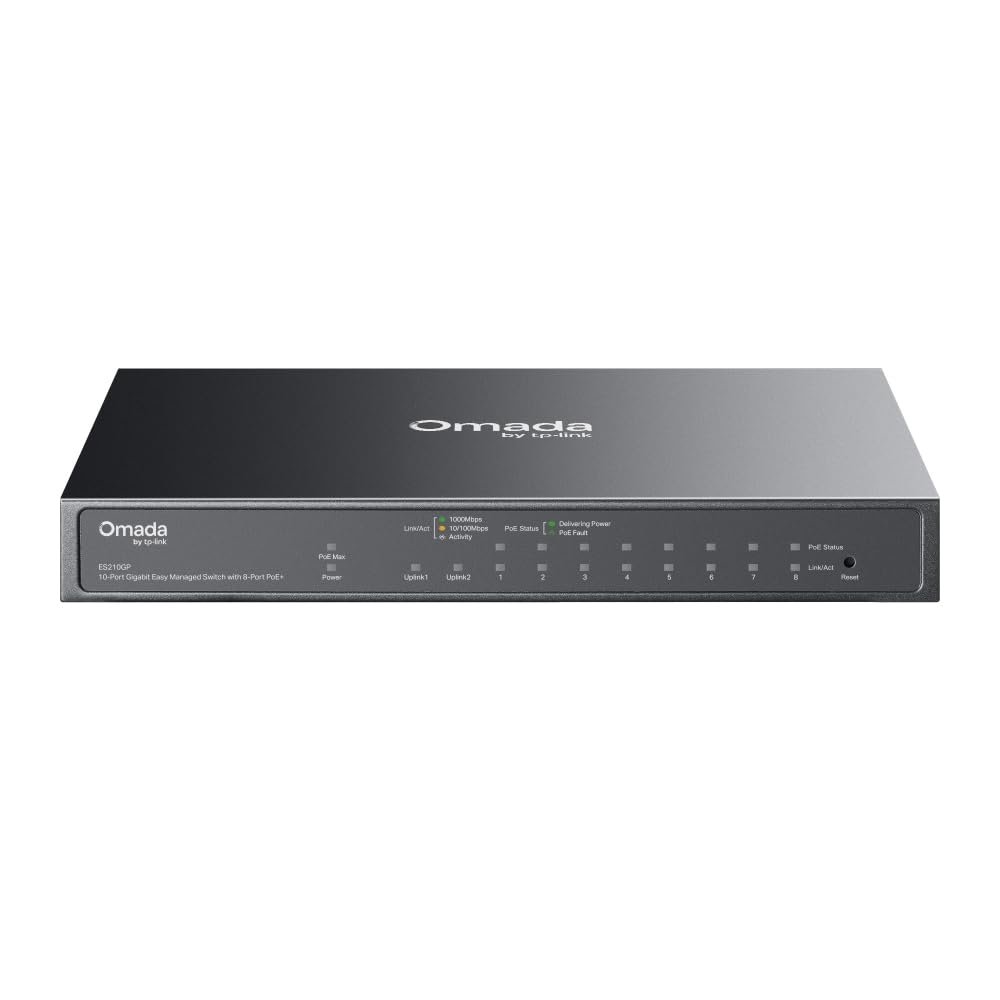 Switch TP-Link Omada 10-Port Gigabit Easy Managed Switch with 8-Port PoE+ ES210GP | 63W Power Budget, Durable Metal Casing & Desktop/Wall Mounting Design, Plug & Play, Grey