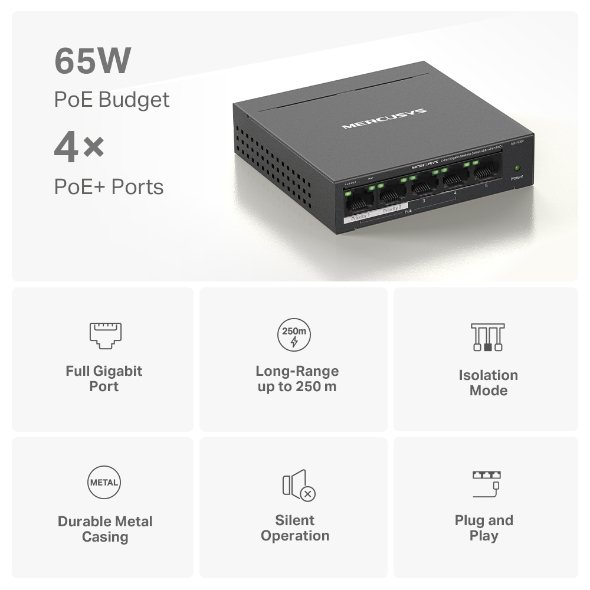 Switch Mercusys MS105GP | 5-Port Gigabit Desktop Switch with 4-Port PoE+, Long-Range Upto 250m, Auto MDI/MDX Supported, Plug & Play, Black
