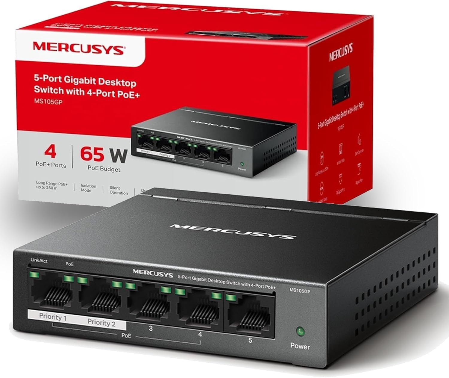 Switch Mercusys MS105GP | 5-Port Gigabit Desktop Switch with 4-Port PoE+, Long-Range Upto 250m, Auto MDI/MDX Supported, Plug & Play, Black