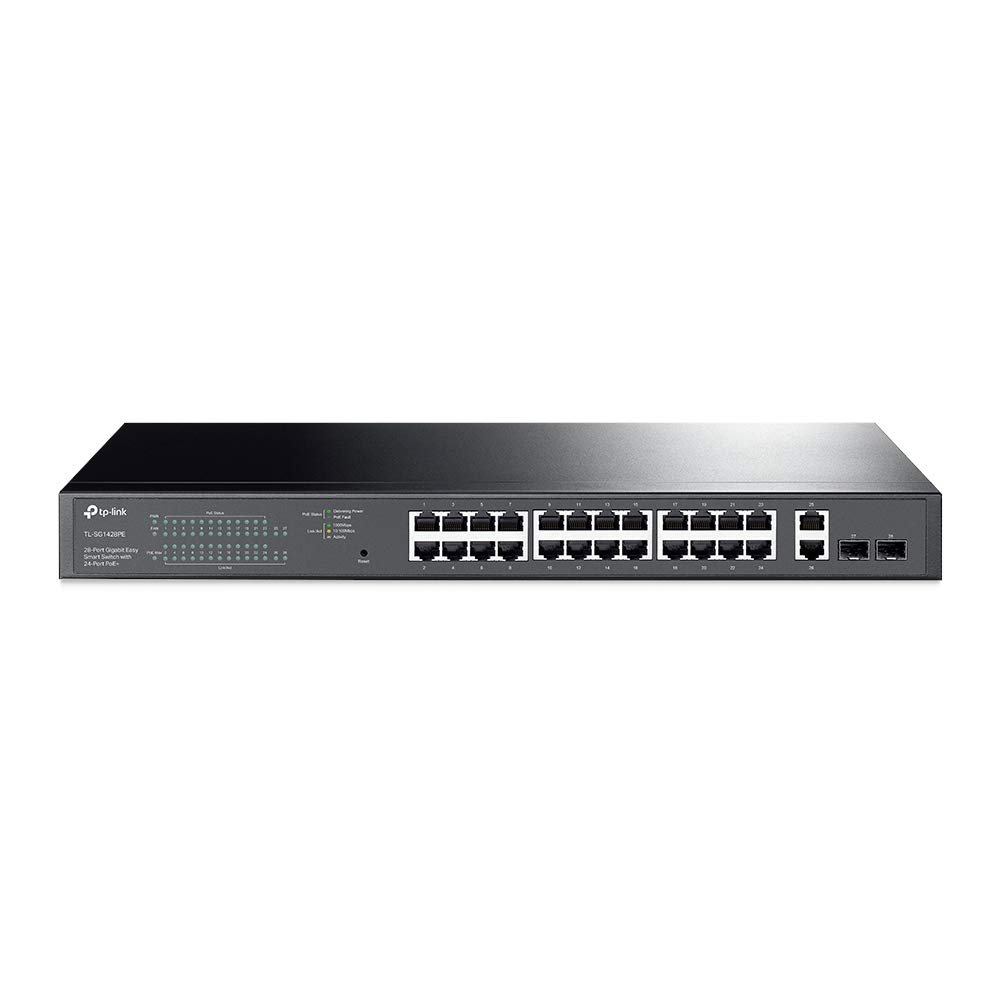 Switch TP-Link 28-Port Gigabit Easy Smart Switch with 24-Port PoE+ TL‑SG1428PE | 250W PoE Power Budget, Rackmount, Limited Lifetime Protection, Works With Omada EAPs, Grey