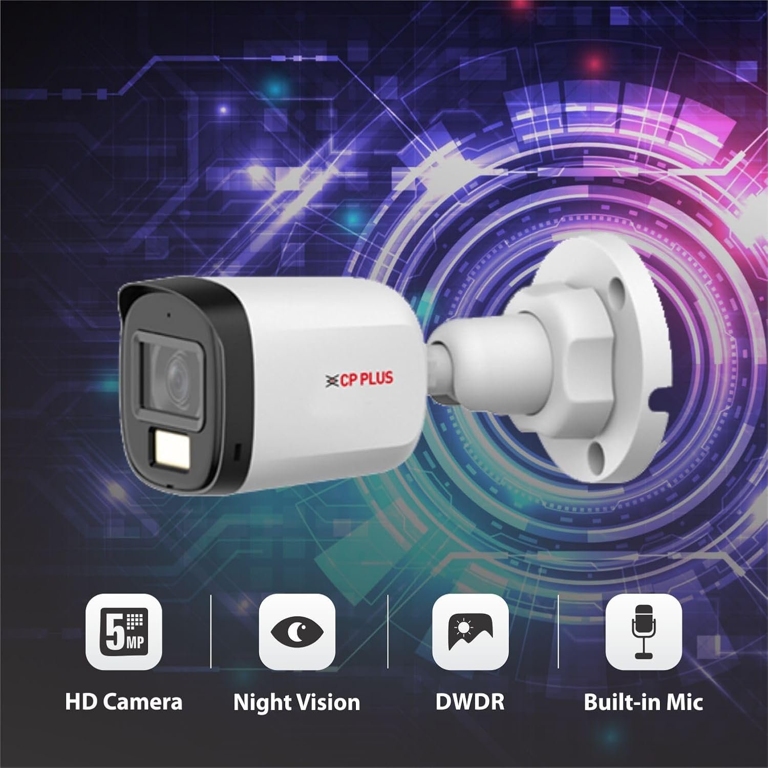 Security Camera CP Plus CP-URC-TC51PL3C-L-V2 | 5MP Dual Light Bullet Camera, 3.6mm Fixed Lens, IR Range of 30 Mtrs. Day/Night Vision, Support Built-in Mic, White