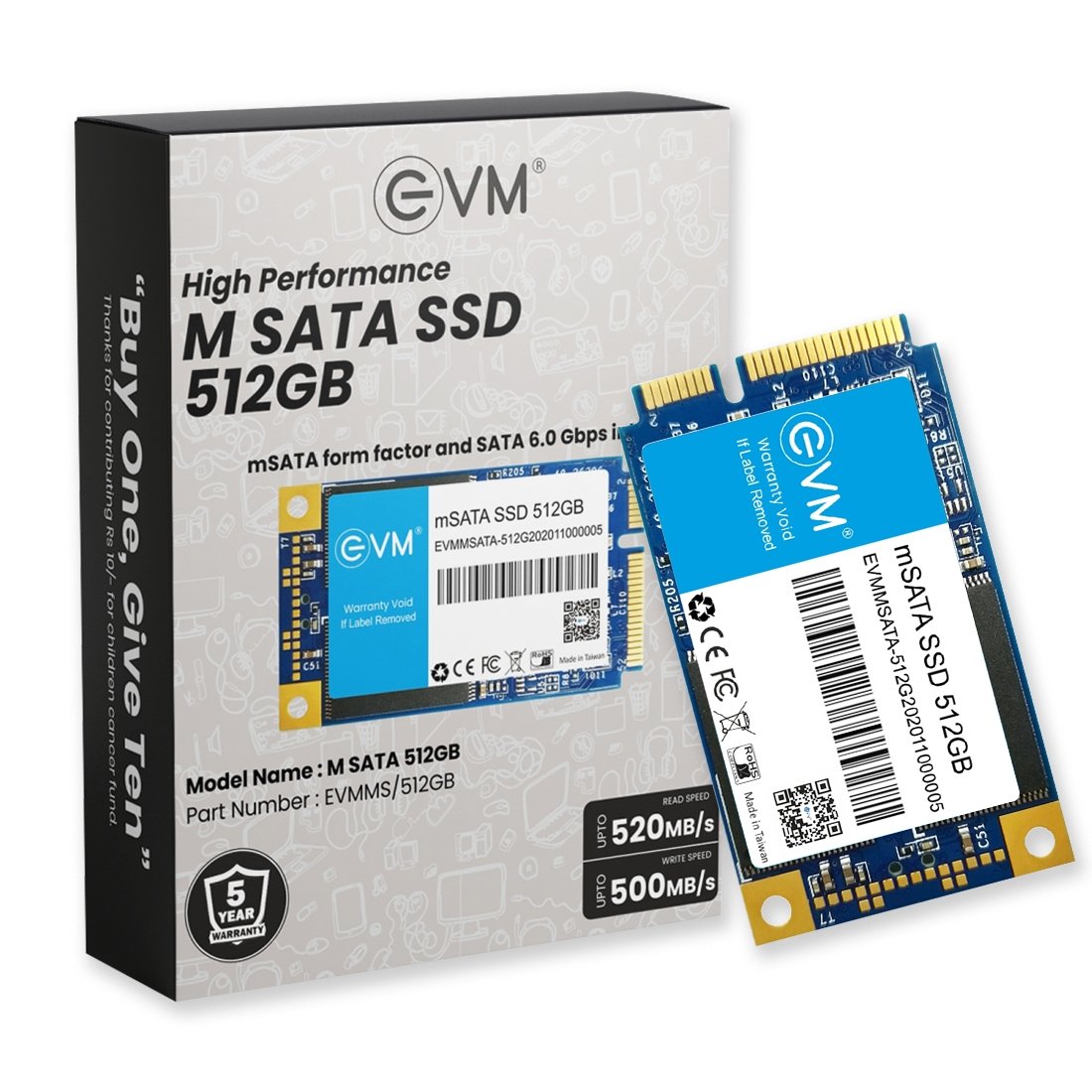 Harddisk EVM mSATA 512GB SSD EVMMS/512GB | 3D TLC NAND FLASH SATA 6.0Gbps Interface, 520MB/s Read & 500MB/s Write Speed, Fast Performance Ultra Low Power Consumption, Black